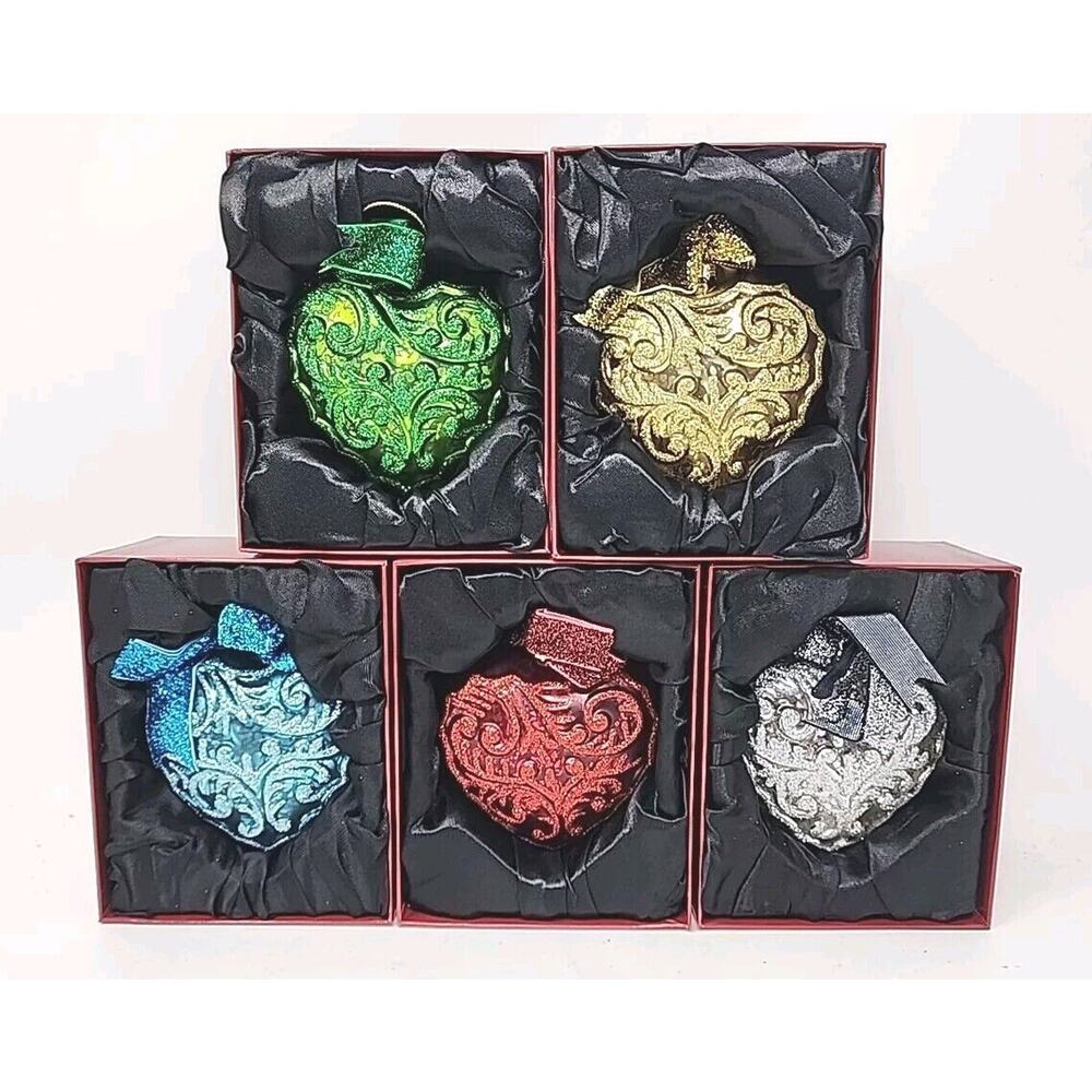 Valerie Parr Hill 5 Glittery Embossed Puffy Heart Shaped Ornaments in Boxes U268